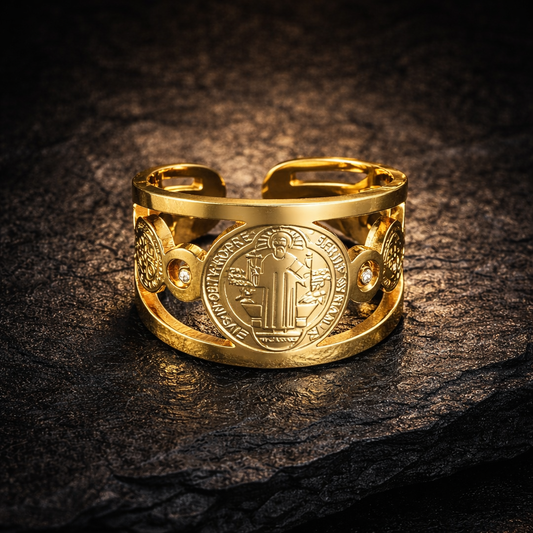 Anillo de San Benito en baño de oro 18k, sello benedictino grabado