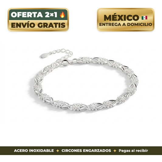 Pulsera de trébol en acero inoxidable con circones, acabado plateado